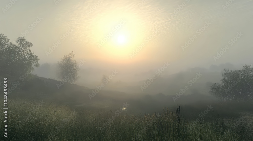 Poster a hazy sky with diffused sunlight barely breaking through the light fog, casting a gentle glow over 