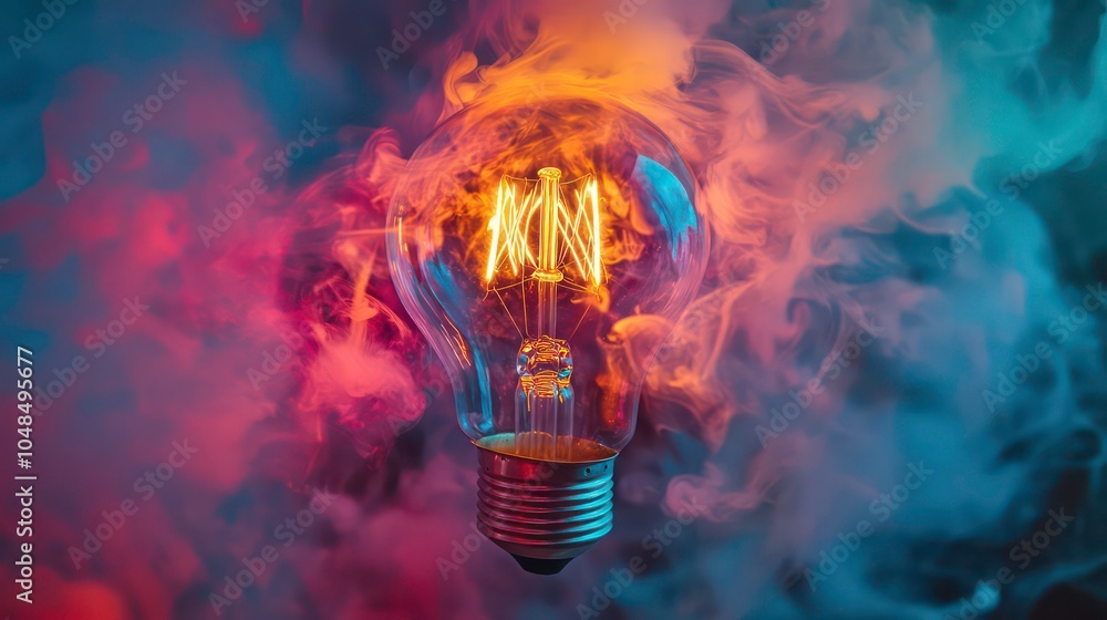 Poster a glowing light bulb is surrounded by colorful smoke, representing a new idea or innovation.