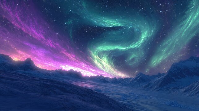 A magical aurora borealis flowing across the sky with waves of green and purple light, creating a glowing canopy over a frozen landscape