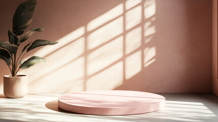 Minimalist pink podium with potted plant in sunlight. Shadows create geometric patterns on a serene beige background, perfect for product display.
