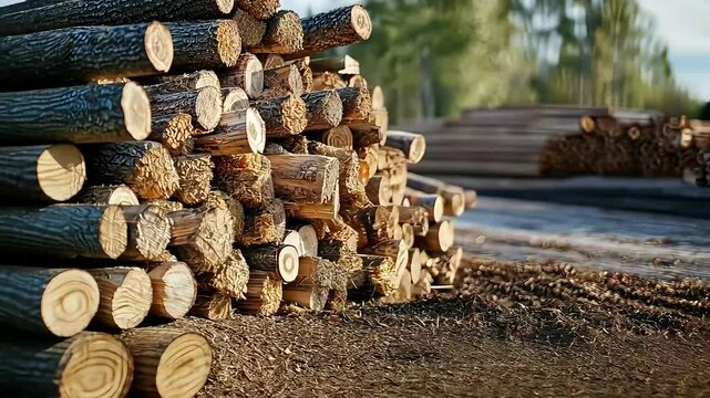 A stack of freshly cut logs arranged neatly in a forested area, showcasing timber ready for processing or transportation.