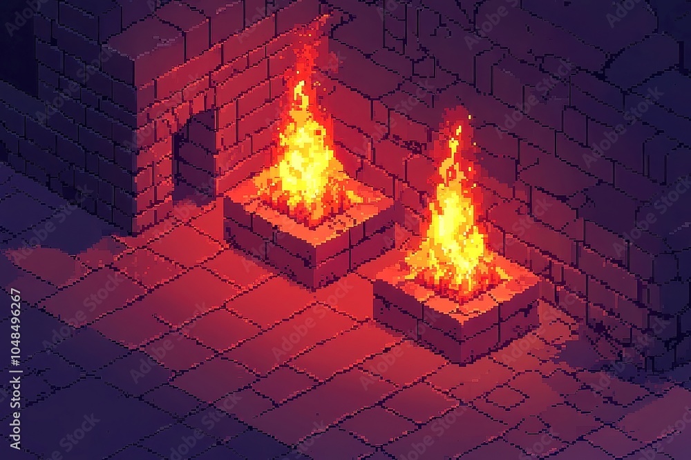 Poster flickering braziers with dynamic shadows, vibrant pixel style illuminating an enchanting scene, crea