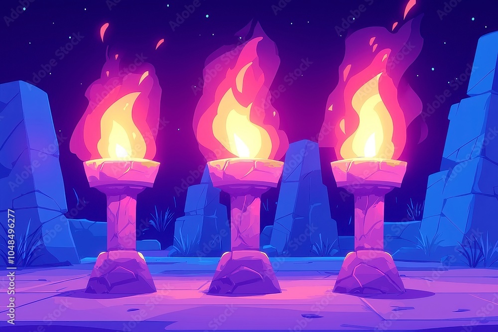 Poster flickering braziers and dynamic shadows, a vibrant scene of glowing flames illuminating the surround