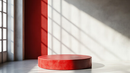 Minimalist red podium in bright interior space with sunlight casting geometric shadows. Perfect for product display or modern design concepts.
