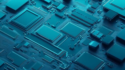 Abstract Close-Up of a Blue Circuit Board with Microchips