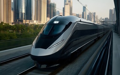 Modern high-speed train speeds through city.