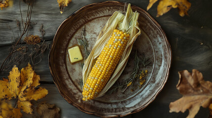 Rustic Thanksgiving Corn on the Cob with Melted Butter, Herbs, and Autumn Leaves &ndash; Perfect Fall Harvest and Holiday Side Dish