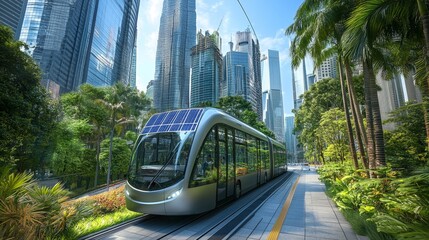 Obraz premium A Glimpse into the Future: Solar-Powered Electric Bus Navigating a Smart City.Concept of sustainable urban mobility, renewable energy, eco-friendly transportation, smart city infrastructure.