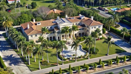 Fototapeta premium Arafed view of a large mansion with a driveway and palm trees.
