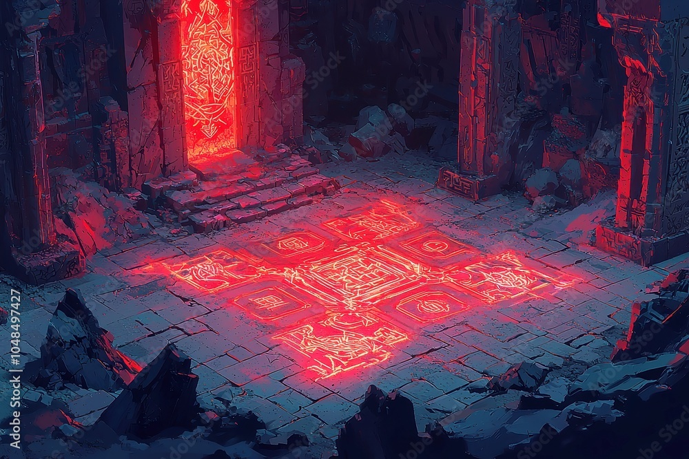 Poster glowing rune patterned floor tiles, a captivating design featuring intricate tile work adorned with 