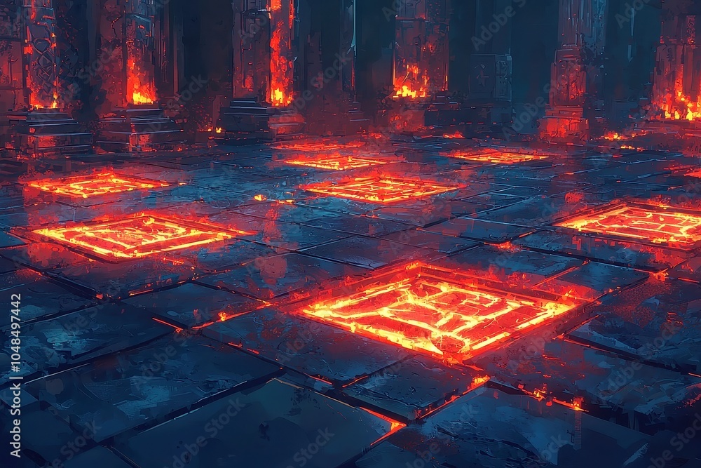 Poster glowing rune patterns on intricate floor tiles, vibrant pixel art design featuring elaborate tile wo