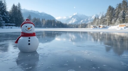 Fototapeta premium A snowman stands on a frozen lake, surrounded by gently falling snowflakes. Pine trees and mountains in the distance add a peaceful winter backdrop.