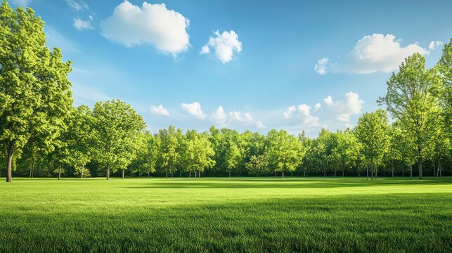 A wide shot of a grassy field with trees in the background under a bright blue sky with white clouds.