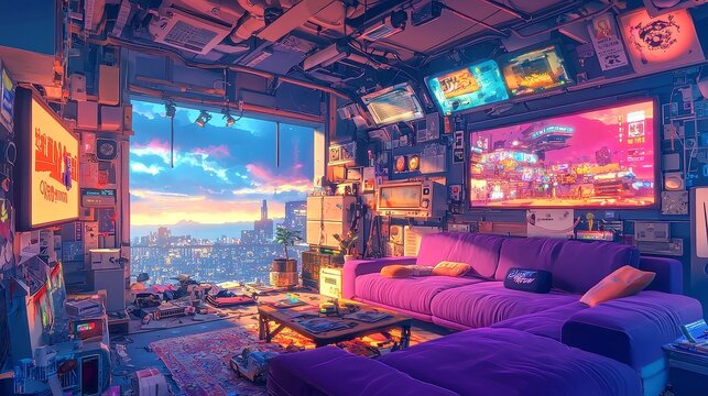 Cozy Cyberpunk Living Room with Purple Sofa, Animated Virtual Backgrounds, Stream Overlay for Vtuber, Nighttime Atmosphere, Anime Chill Vibes, Ideal for Twitch and Zoom.