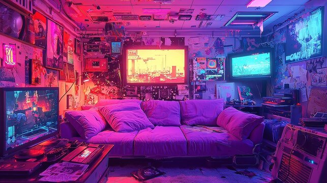 Modern Cozy Cyberpunk Living Room, featuring a purple sofa, animated virtual backgrounds, ideal for VTuber assets, stream overlays, and a chill vibe with anime and hip hop influences