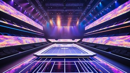 A large, futuristic esports arena with massive LED screens, colorful stage lighting, and sleek, minimalist stage design.