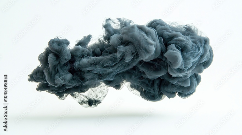 Poster black smoky mixture swirling on white background, dynamic flow of dark substance spreading gracefull