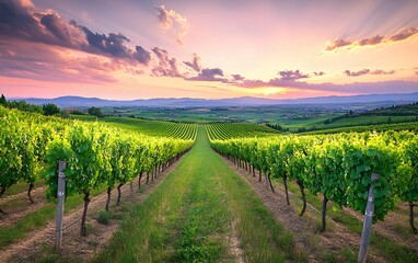 Naklejka premium Vineyard rows at sunset