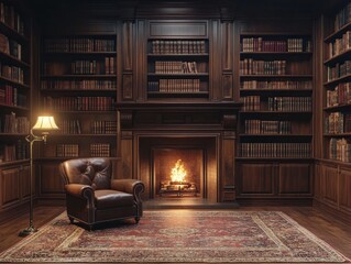 Dark library with walls lined in deep mahogany wood paneling