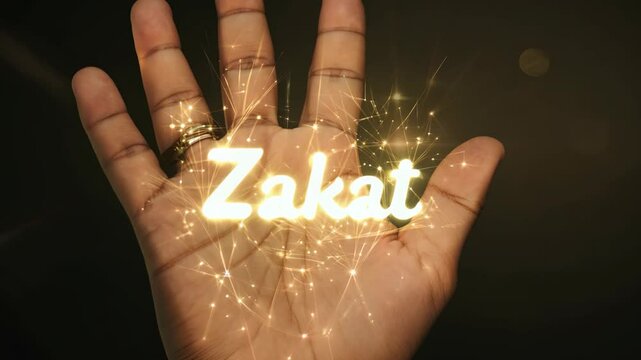 A hand with the letters zakat written in gold. The hand is surrounded by a glowing light