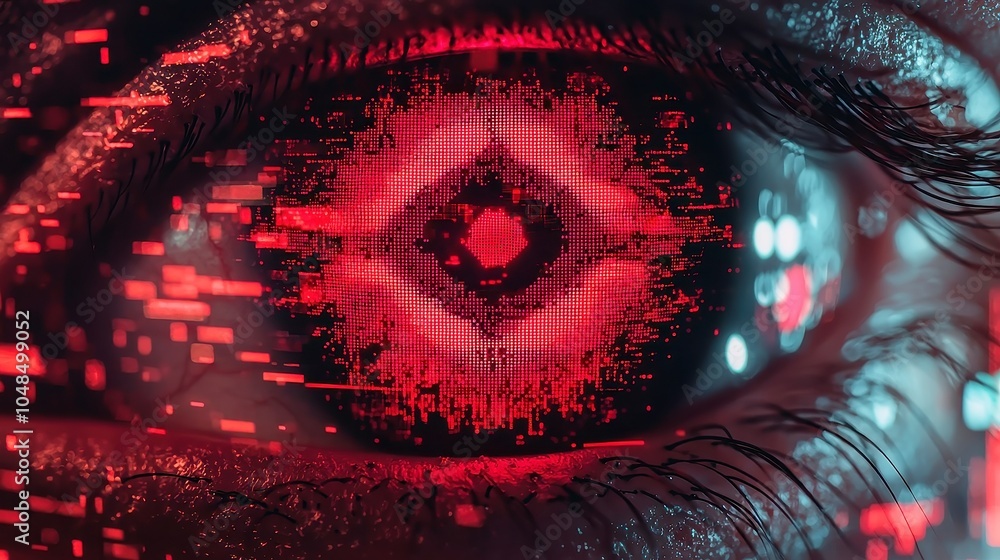 Poster glitching red pixel eye, dynamic animation of a vibrant red pixel eye symbol on a glitchy led screen