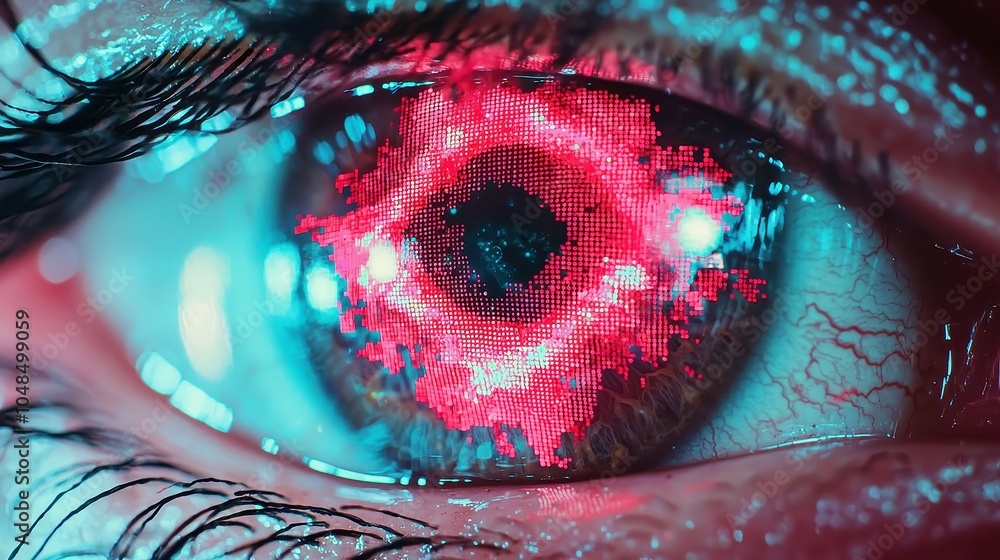 Poster glitching red pixel eye symbol on vibrant led screen, dynamic animation with colorful background, en