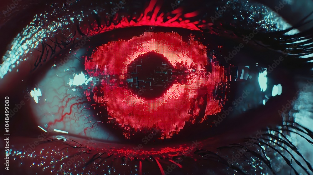 Poster glitching red pixel eye symbol on vibrant lcd screen, animated background with dynamic colorful disp