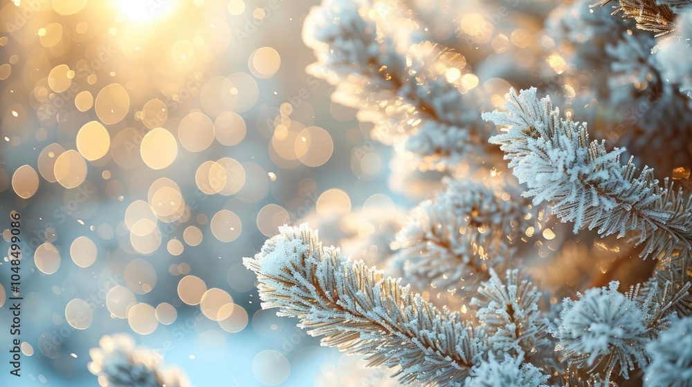 Poster close-up of a snow-covered pine tree branch with a sunlit bokeh background.