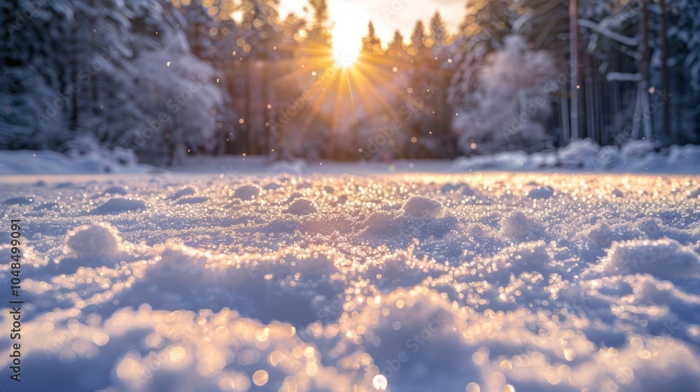 Poster close-up of sparkling snow with a sun shining through the trees in the background.