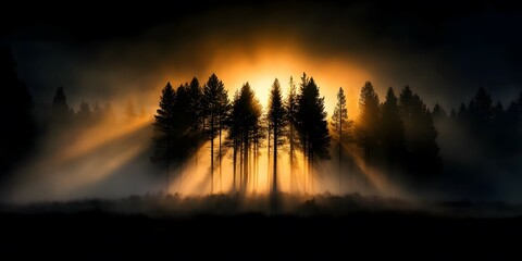 Fototapeta premium Golden light breaks through a misty forest.