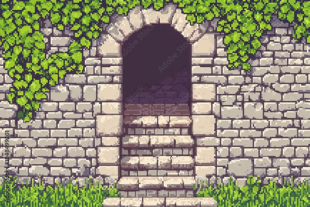 Poster crumbling secret walls unveiling hidden paths in pixel art, a vibrant digital landscape where ancien