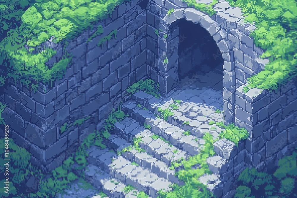 Poster crumbling secret walls unveiling hidden paths, a pixel art landscape showcasing mysterious structure