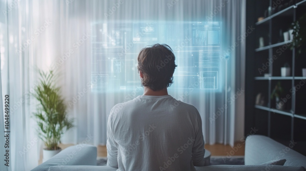Poster a man is sitting on a couch in front of a computer monitor