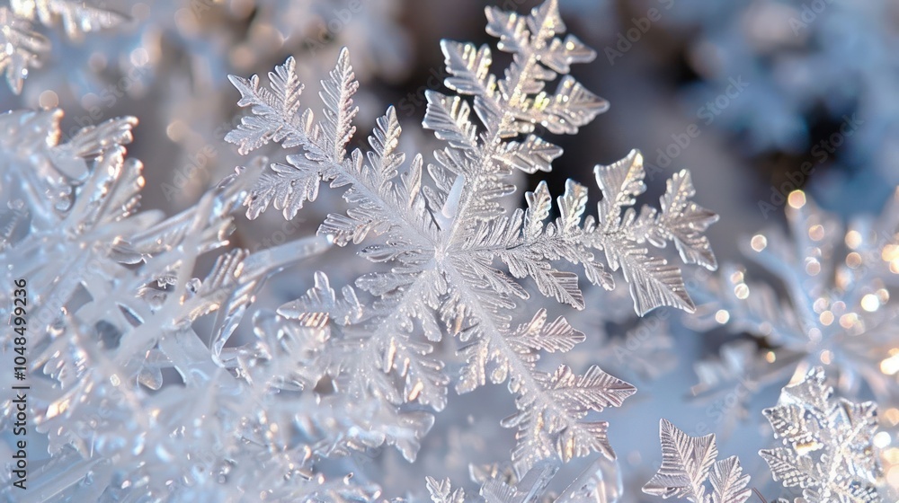 Poster a single snowflake in close-up, with intricate details and a frosty background.