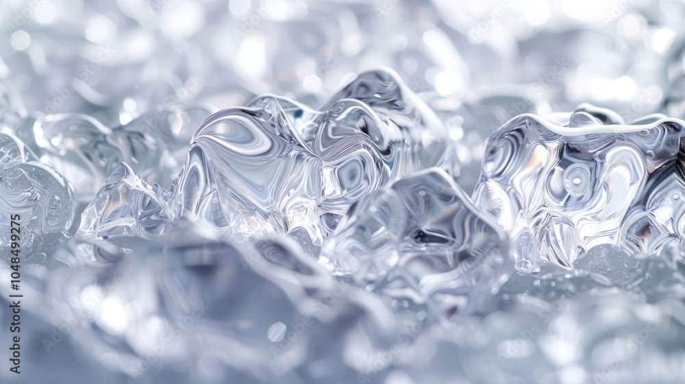 Poster close-up of translucent, crystalline ice cubes with a soft, blurred background, creating an abstract