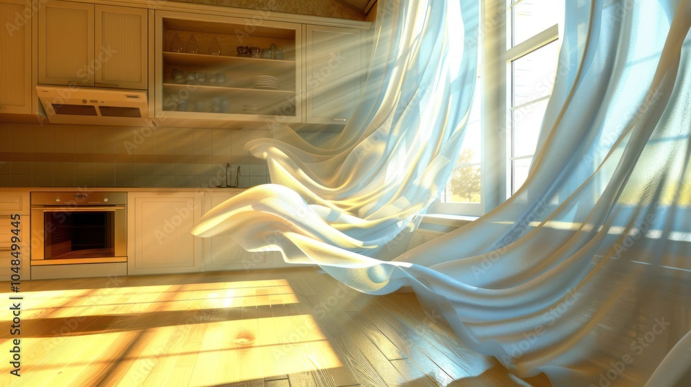 Poster sunlight streams through a window, illuminating a kitchen with flowing curtains.