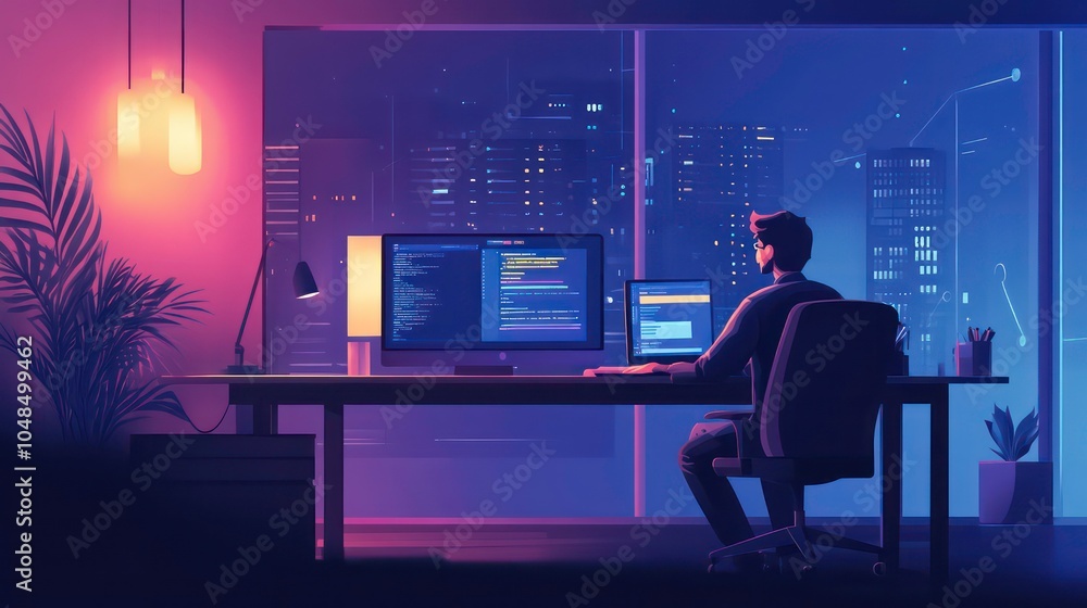 Leinwandbilder a programmer works late at night at his desk, illuminated by the glow of his computer screens. he is