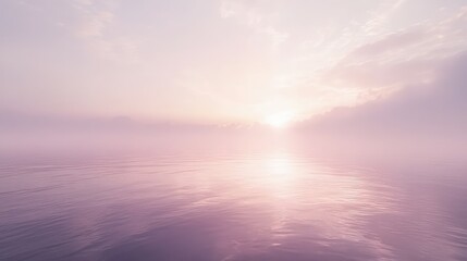 Obraz premium A misty sky over a calm bay at twilight, with soft pastel hues blending into the horizon and reflecting faintly on the water below