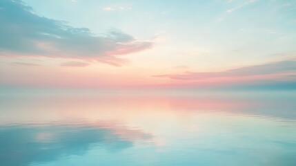 Obraz premium A misty sky over a calm bay at twilight, with soft pastel hues blending into the horizon and reflecting faintly on the water below