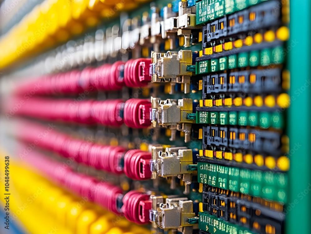 Poster a close-up of a circuit board with connectors and colorful components for electronic systems.