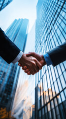 Close-up of business executives shaking hands in front of skyscraper. Generative AI