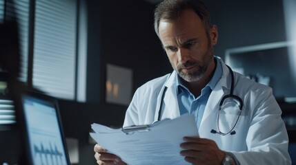 Fototapeta premium A doctor is looking at a piece of paper while sitting at a desk