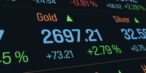 Gold price moving up. Close-up screen, commodity, trading board, financial market, data, stock market. Concept, 3D illustration