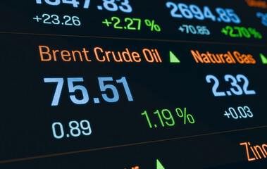 Brent crude oil price moving up, energy commodity trading. Market data, prices, percentage changes, business, trading. Concept, 3D illustration