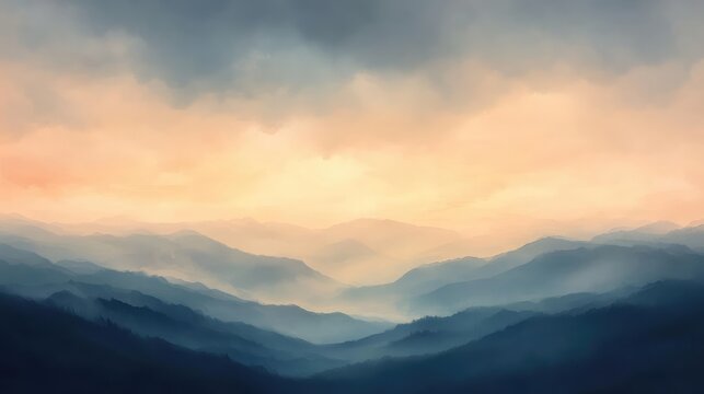 A moody hazy sky with deep gray clouds merging with soft peach hues as the sun sets, casting a faint glow over the landscape
