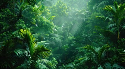 Lush green tropical rainforest with sunbeams shining through the canopy.