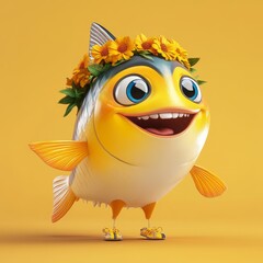 Fototapeta premium A cheerful yellow fish with a sunflower crown and yellow sneakers, on a yellow background.