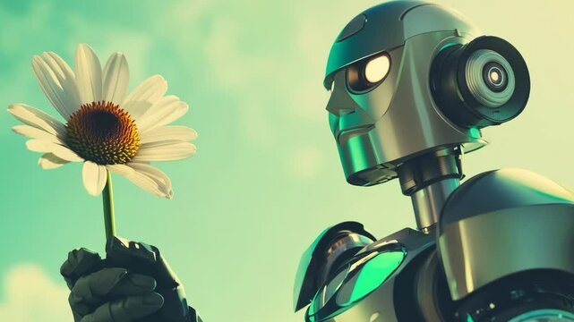 A robot is holding a white flower in its hand. The robot is wearing a green suit and has a metallic appearance. The flower is the only natural element in the image