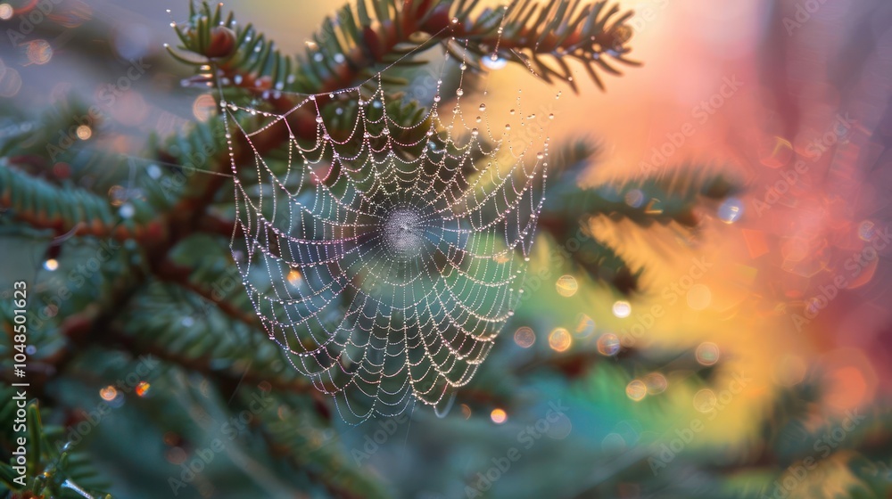 Poster dew-covered spider web hanging on a pine tree branch with a colorful bokeh background.