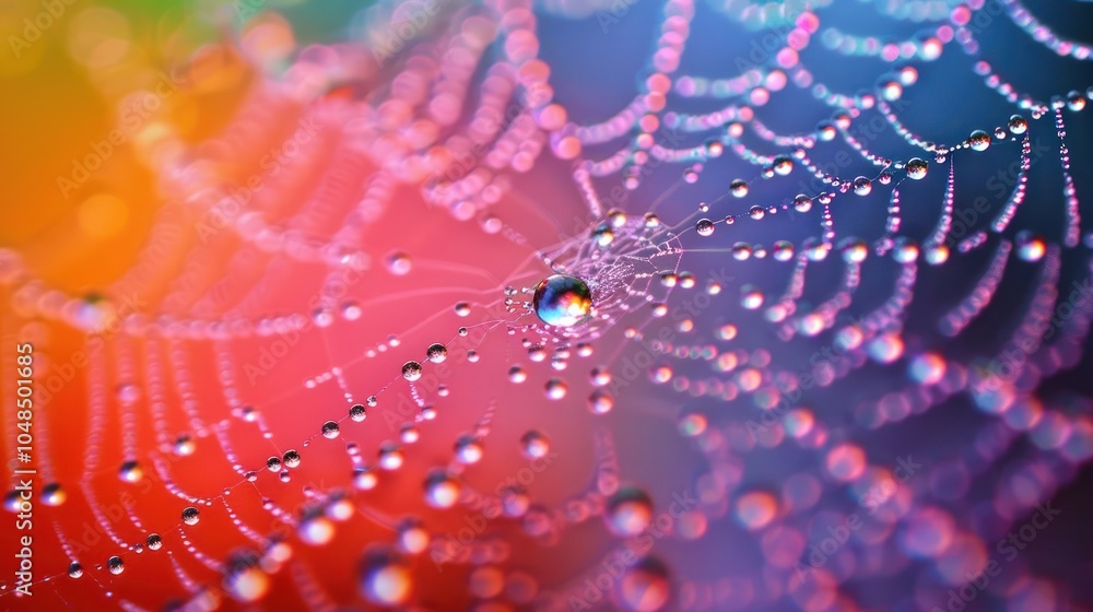 Poster a close-up of a spider web with dew drops on it against a rainbow background.